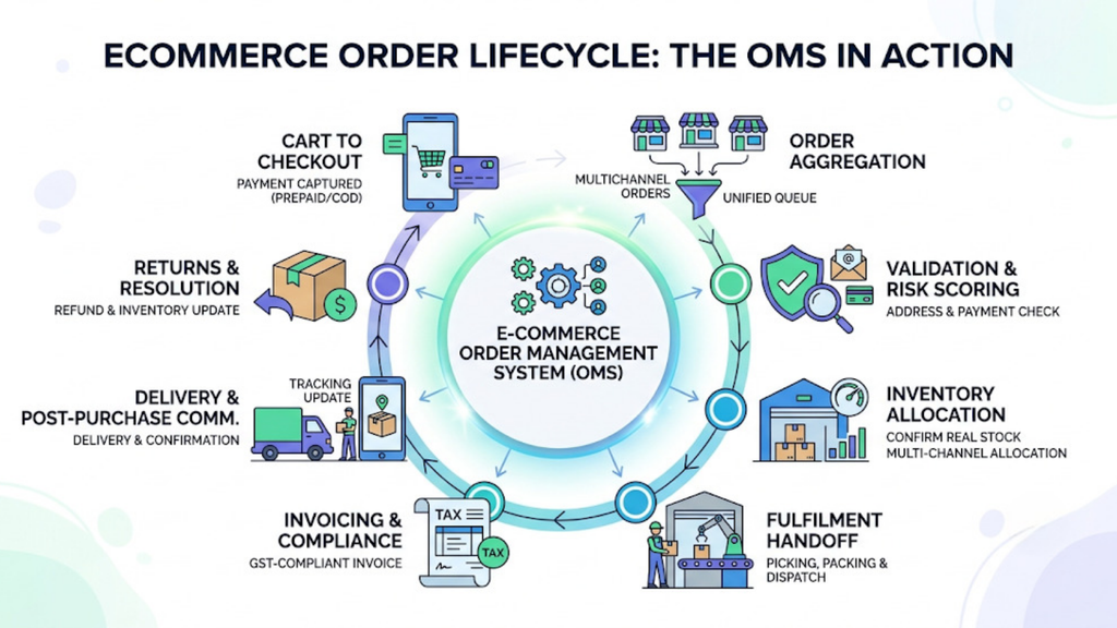 Ecommerce order lifecycle showing cart checkout, order aggregation, validation, inventory allocation, fulfilment, invoicing, delivery, and returns