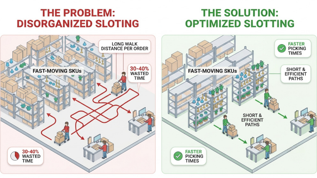 Warehouse layout comparison showing disorganized category-based shelving versus optimized SKU slotting for faster picking
