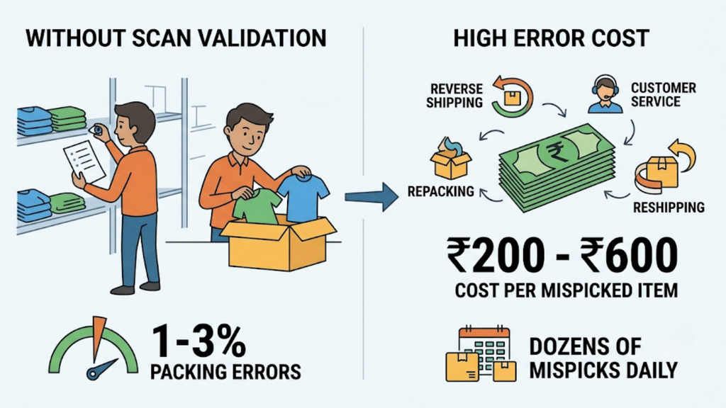 Scan validation comparison showing manual packing errors versus barcode-verified packing with lower correction costs