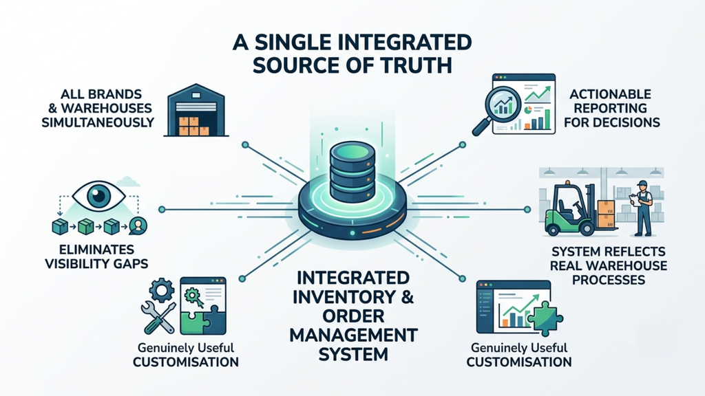 Single integrated source of truth connecting inventory, warehouses, sales channels, orders, and reporting across multiple brands
