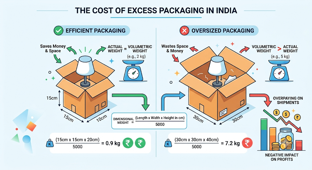 Packaging cost comparison showing oversized boxes versus right-sized packaging to reduce dimensional shipping charges