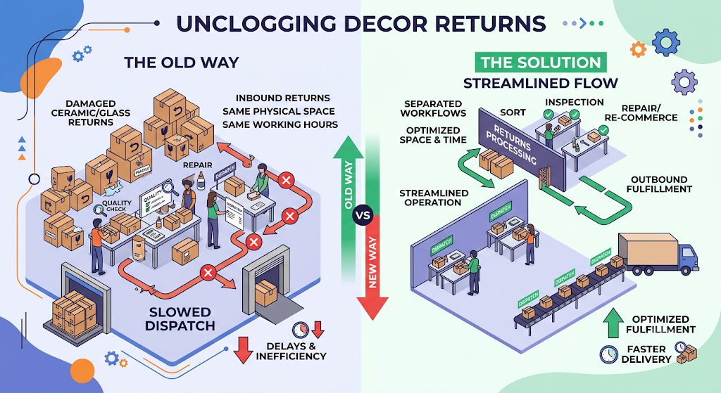 Returns management comparison showing mixed return processing versus a dedicated workflow for inspection, sorting, and restocking