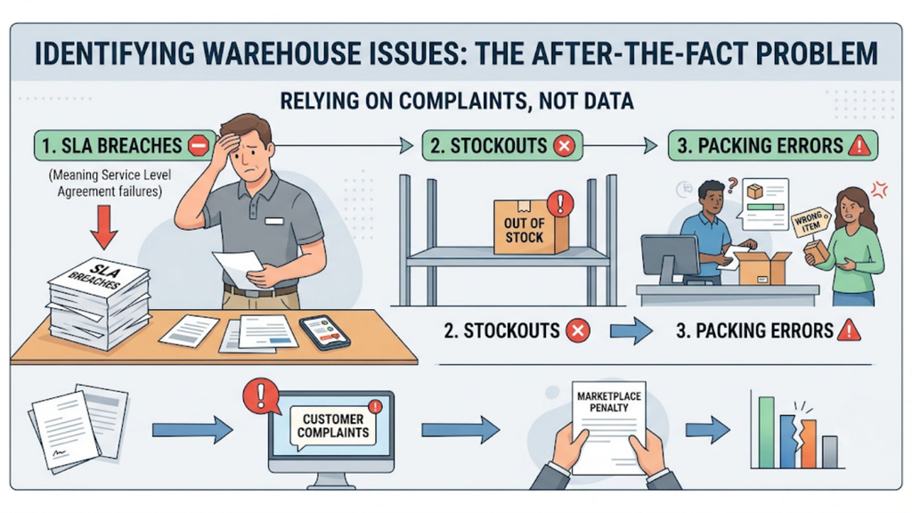 Warehouse visibility comparison showing delayed problem detection versus live operational monitoring of SLA, stock, and packing issues