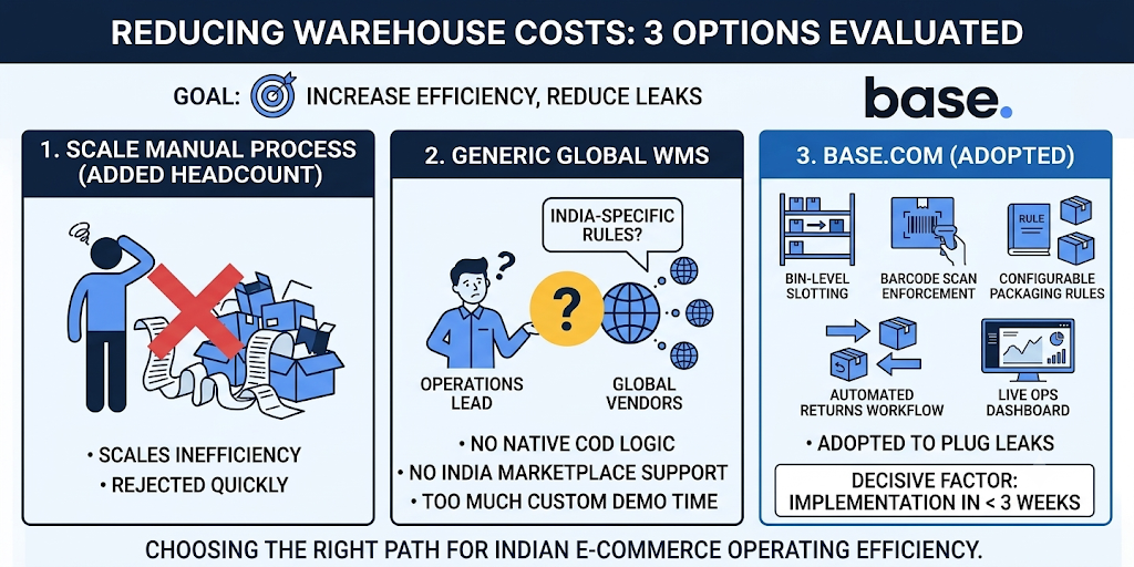 Base.com warehouse implementation plan showing SKU and bin mapping, packaging rules, scan enforcement, and courier connectivity