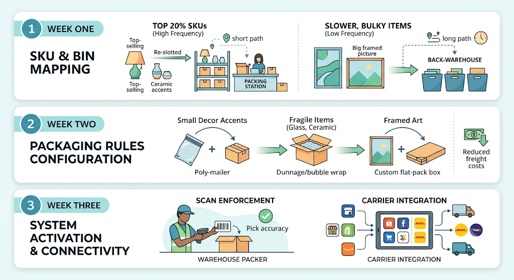Warehouse implementation workflow showing SKU re-slotting, packaging configuration, barcode scanning, and system connectivity across operations