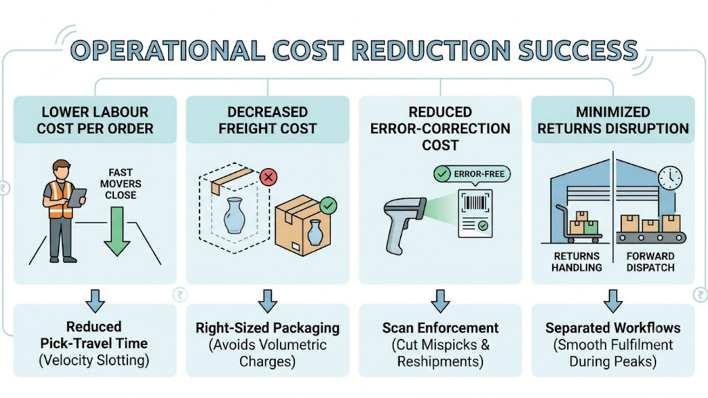 Warehouse cost reduction framework showing savings from labour efficiency, freight optimization, error correction, and returns workflow separation