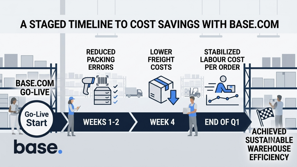 Base.com ROI timeline showing improvements in packing accuracy, freight costs, labour efficiency, and warehouse operating costs over time