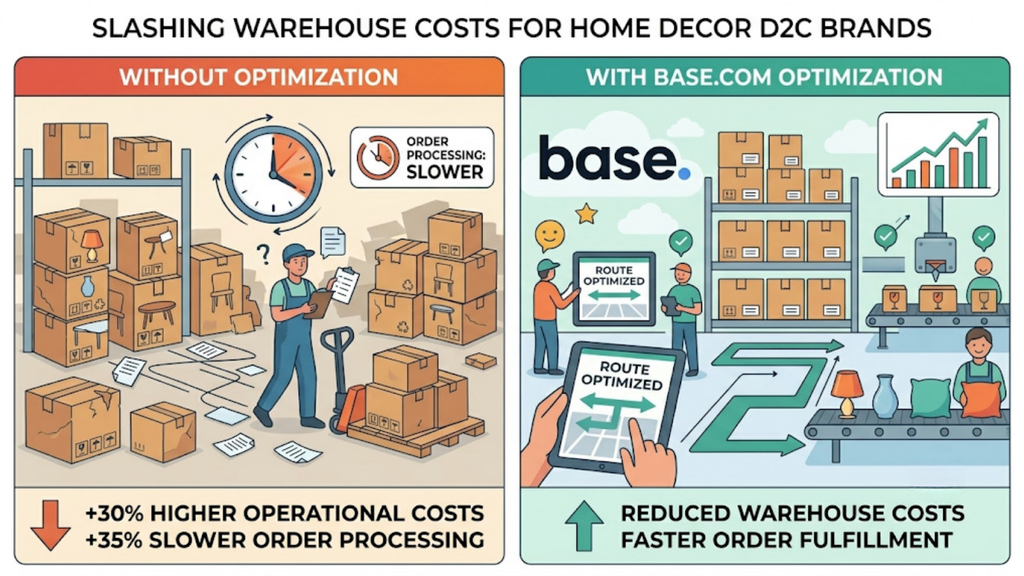 Home decor warehouse cost comparison showing higher costs from manual operations versus reduced costs through Base.com-enabled workflows