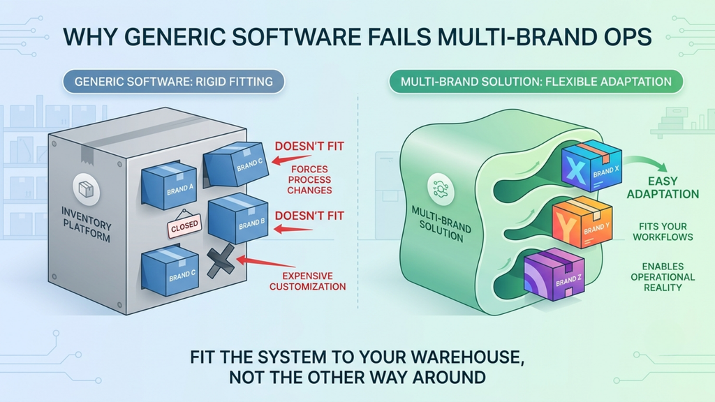 Comparison of generic inventory software limitations with a solution designed around multi-brand warehouse operations
