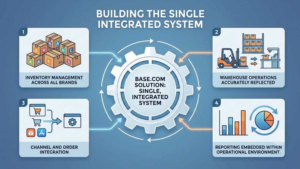 Integrated inventory system diagram connecting inventory management, warehouse operations, orders, reporting, and multi-brand processes
