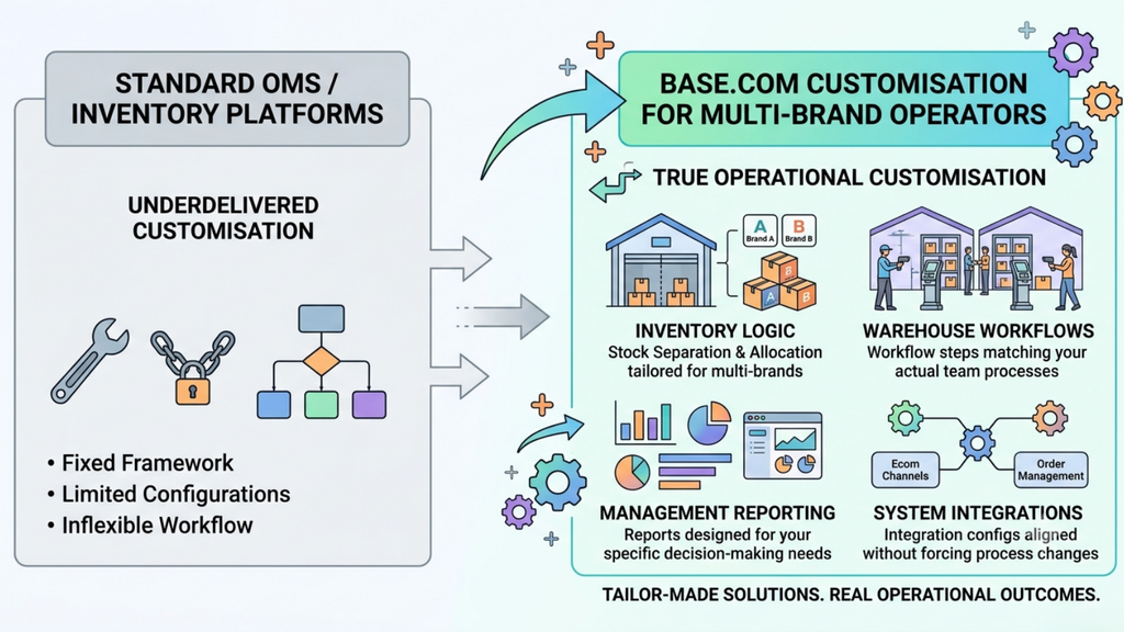 Base.com customization framework showing inventory logic, warehouse workflows, management reporting, and system integrations for multi-brand operations