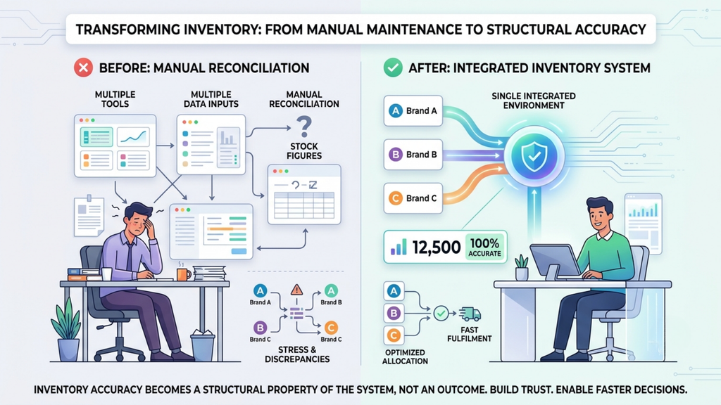 Inventory accuracy transformation showing the shift from manual reconciliation and multiple data sources to a single integrated inventory system