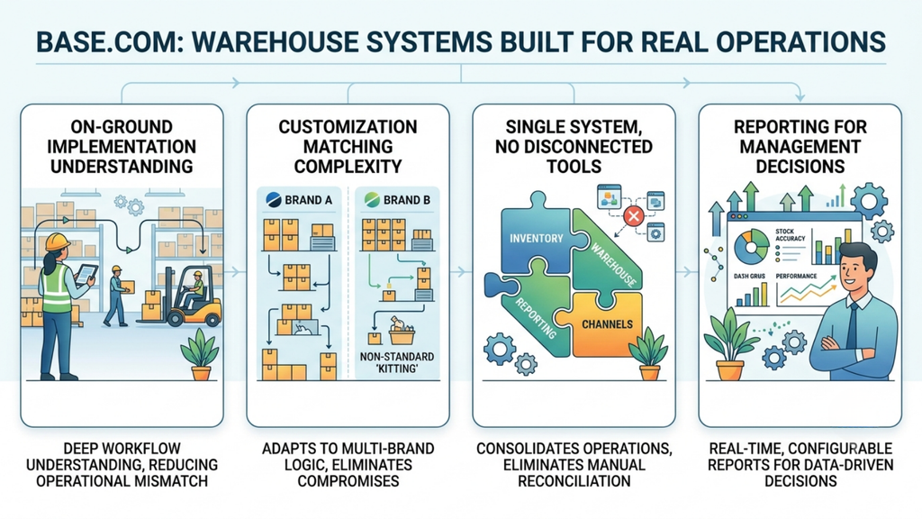 Base.com warehouse systems illustration showing on-ground implementation, customization, integrated operations, and real-time reporting