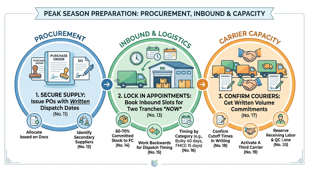 Procurement, inbound, and capacity planning framework covering supplier commitments, fulfilment, courier capacity, and warehouse readiness
