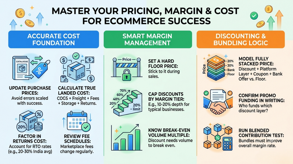 Pricing, margin, and cost framework showing landed cost, returns, price floors, discount limits, and contribution checks
