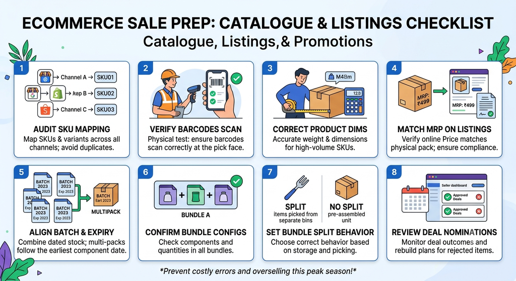 Ecommerce sale preparation graphic showing catalogue, listings, and promotion checks for SKUs, barcodes, dimensions, MRP, bundles, and deal nominations
