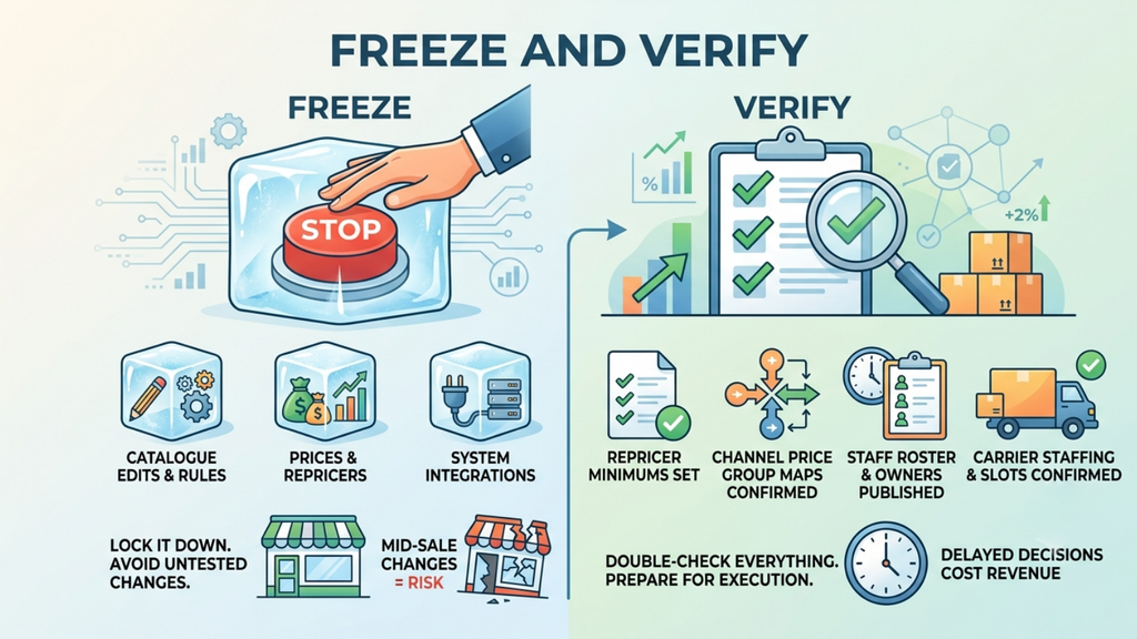 Freeze and verify framework showing catalogue, pricing, repricing, channel mapping, staffing, and pickup checks before the sale