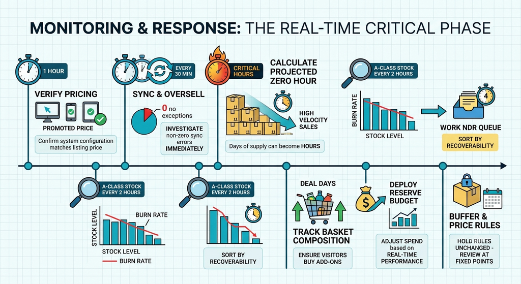 Real-time sale monitoring framework covering price verification, sync errors, stock burn rate, NDRs, basket composition, and reserve budgets
