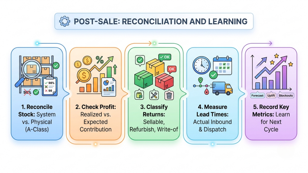 Post-sale reconciliation and learning framework showing stock, contribution, returns, lead times, and performance metrics
