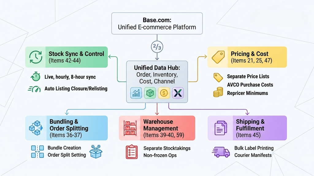 Base.com ecommerce operations overview showing order management, inventory, pricing, listings, shipping, automation, and repricing in one platform

