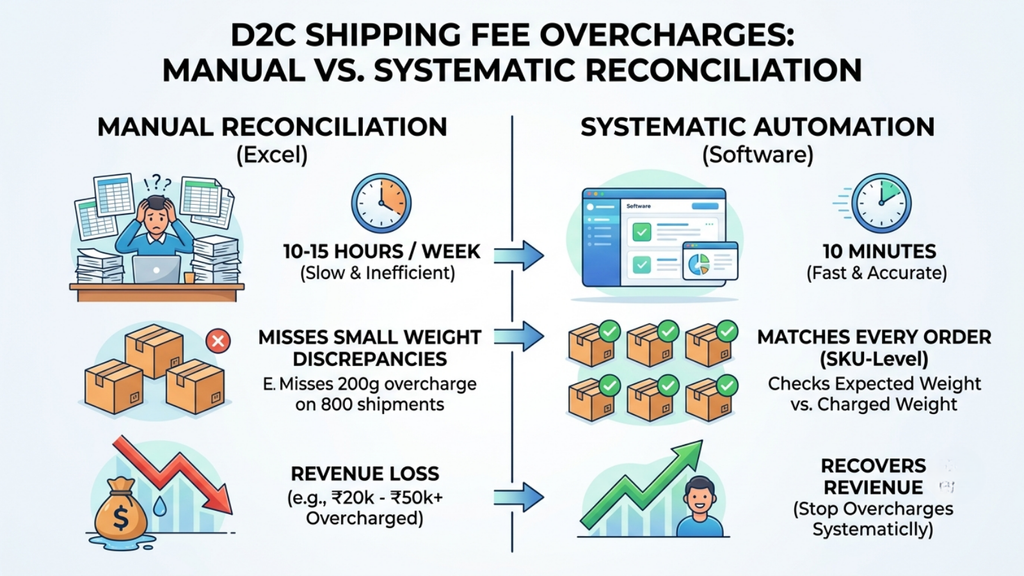 Shipping and weight discrepancy reconciliation showing how incorrect shipment weights can cause marketplace overcharges