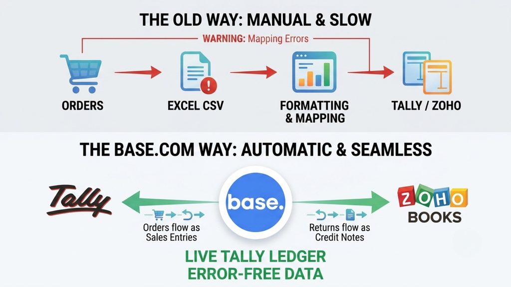 Tally and Zoho Books integration showing automated transfer of ecommerce orders and returns into accounting records
