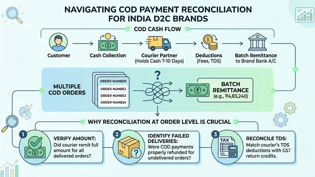 COD reconciliation workflow showing courier collections, remittances, deductions, and order-level payment matching