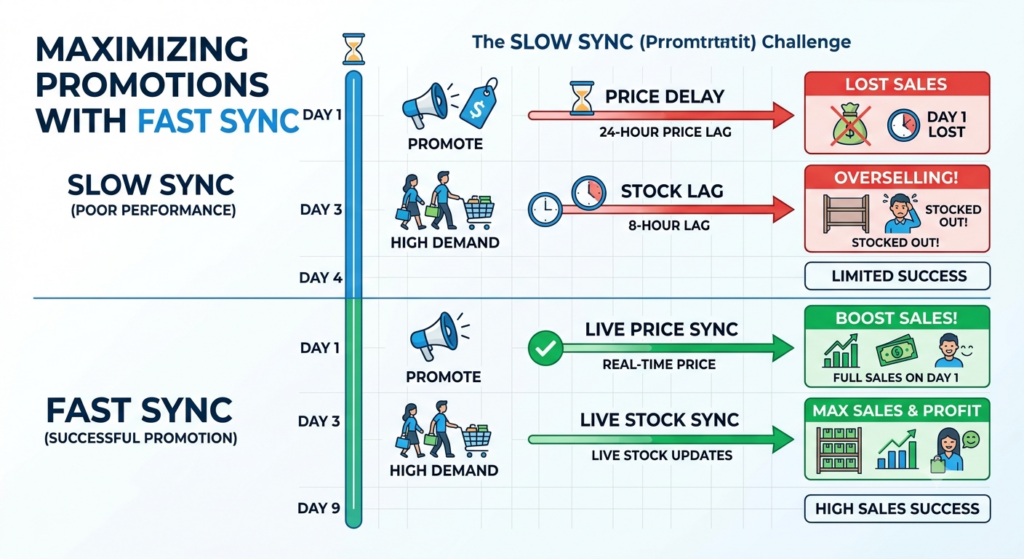 Promotion synchronization timeline comparing slow and fast price and stock updates during a sale
