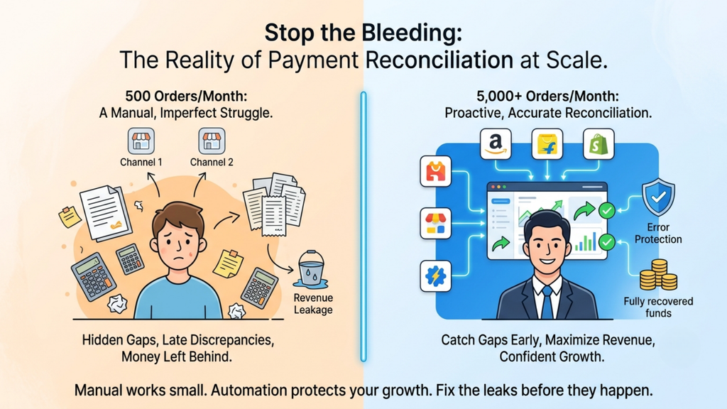 Reconciliation-ready finance stack showing order data, ledger sync, settlement matching, claims recovery, and financial reporting
