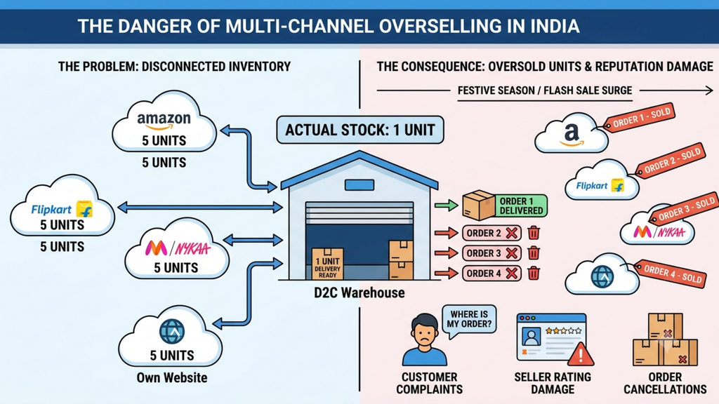 Multi-channel overselling illustration showing disconnected inventory across Amazon, Flipkart, Meesho, and a D2C website
