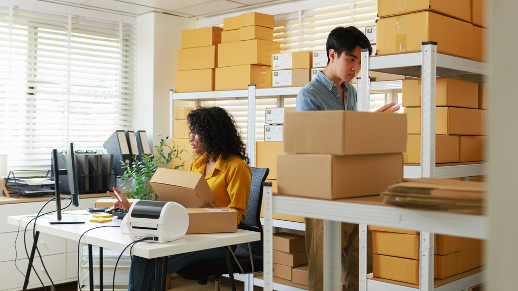 D2C warehouse operations scene showing staff handling inventory and preparing orders for fulfillment
