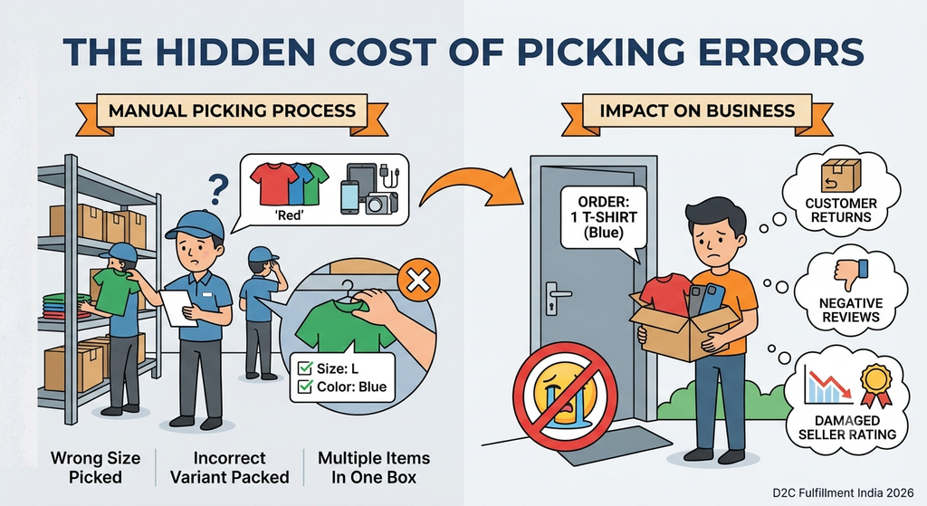 Picking error infographic showing incorrect sizes, product variants, and quantities leading to customer returns and seller rating damage
