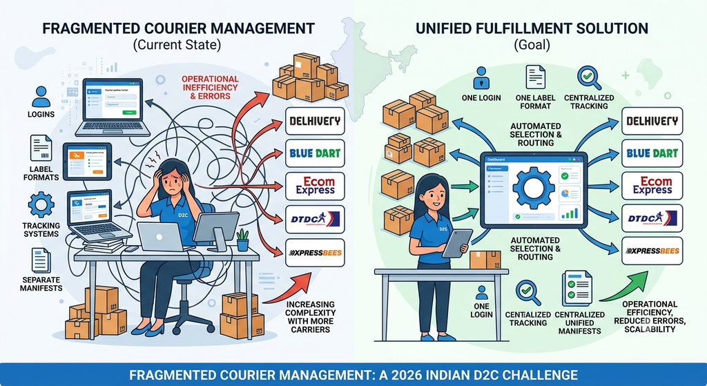 Fragmented courier management infographic comparing multiple carrier systems with a unified fulfillment solution