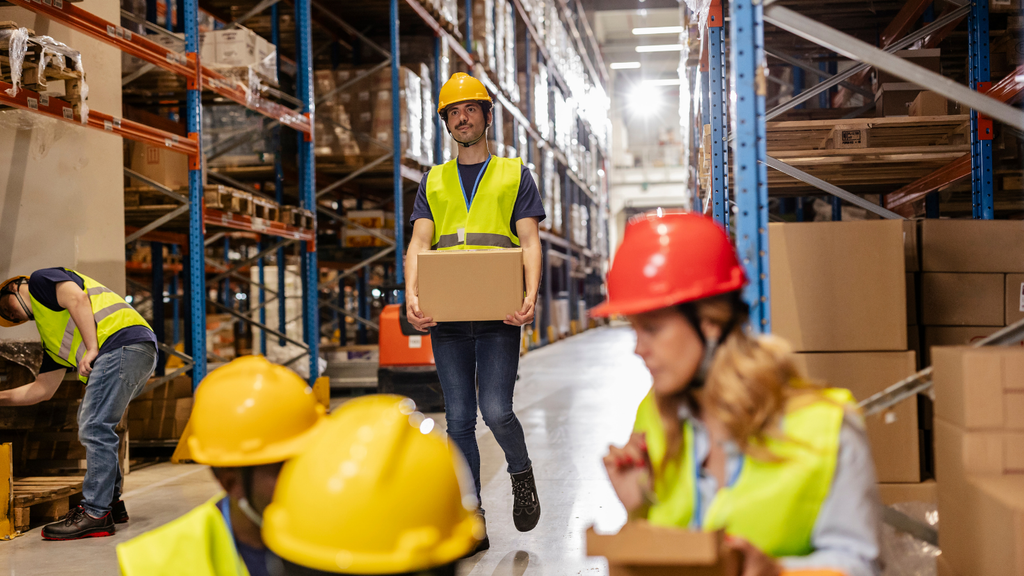 Warehouse fulfillment operations showing staff managing inventory, picking, packing, and logistics in a distribution facility