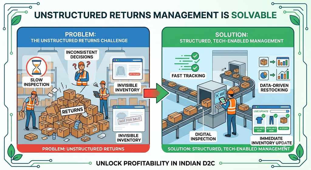 Returns management infographic comparing unstructured return processing with technology-enabled inspection, restocking, and inventory updates