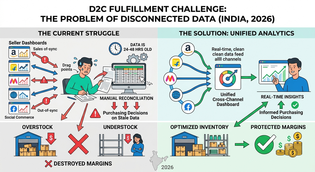 D2C cross-channel analytics infographic showing fragmented sales data compared with unified real-time insights for inventory decisions