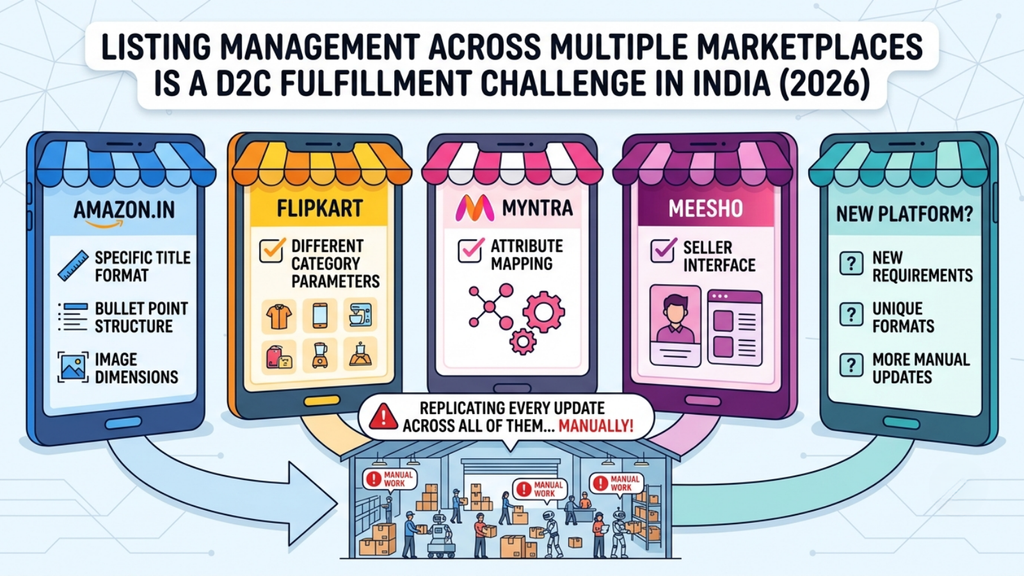 Multi-marketplace listing management infographic comparing Amazon, Flipkart, Myntra, Meesho, and the challenges of maintaining product listings
