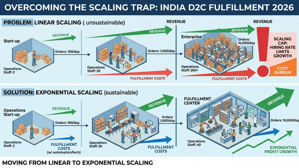 D2C fulfillment scaling infographic comparing linear growth in operations costs with automated fulfillment designed for exponential scaling