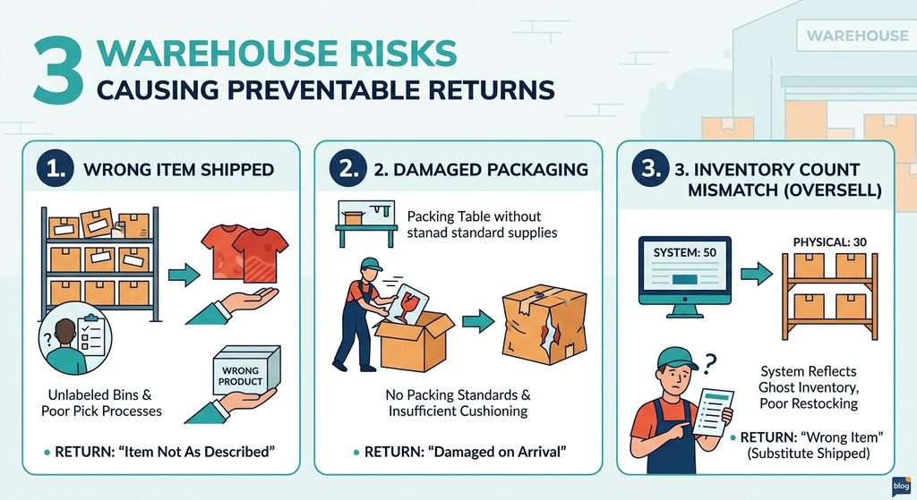 Three warehouse risks causing avoidable returns: wrong items shipped, damaged packaging, and inventory count mismatches
