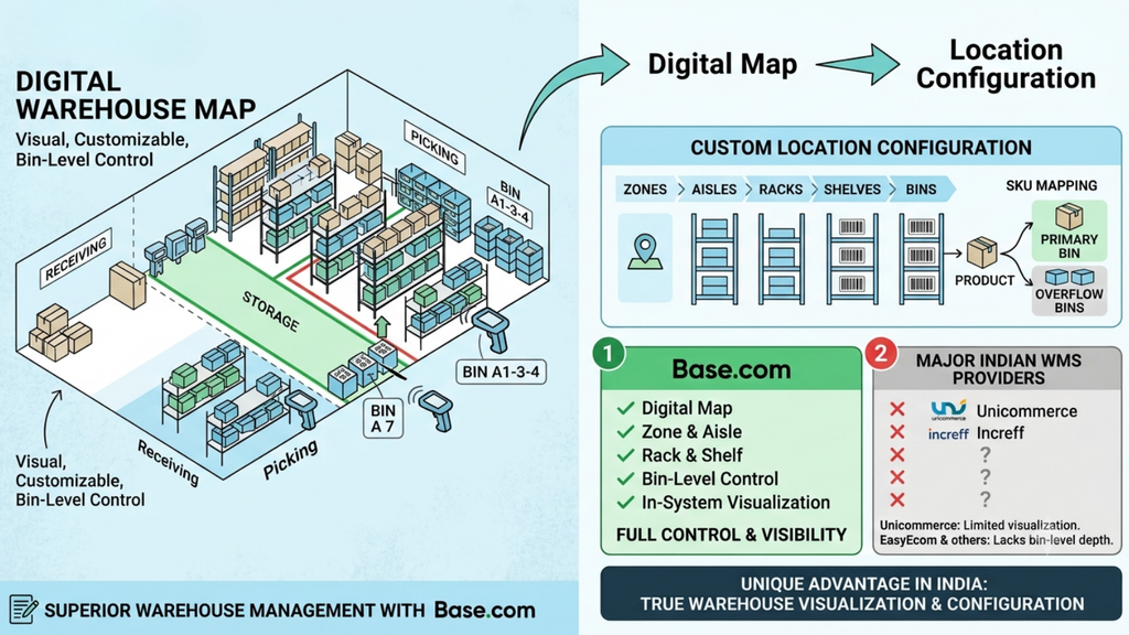 Digital warehouse map showing zones, aisles, racks, shelves, bins, and location configuration for organized inventory management
