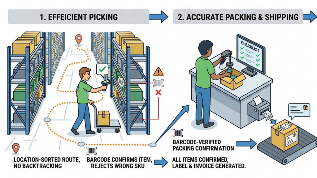Barcode-verified picking and packing workflow showing location-based routes, item scanning, packing confirmation, and invoice generation