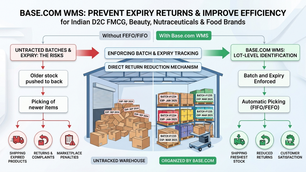 Batch and expiry tracking workflow showing FIFO and FEFO controls for reducing expiry-related returns in D2C warehouses