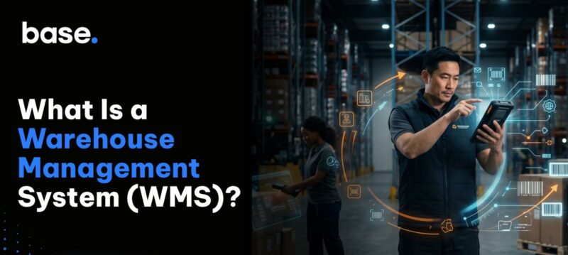 Warehouse management system overview showing a warehouse worker using digital technology to manage inventory and operations