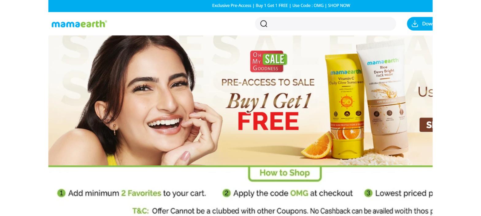 Mamaearth website showing personal care products, promotional offers, and direct online shopping