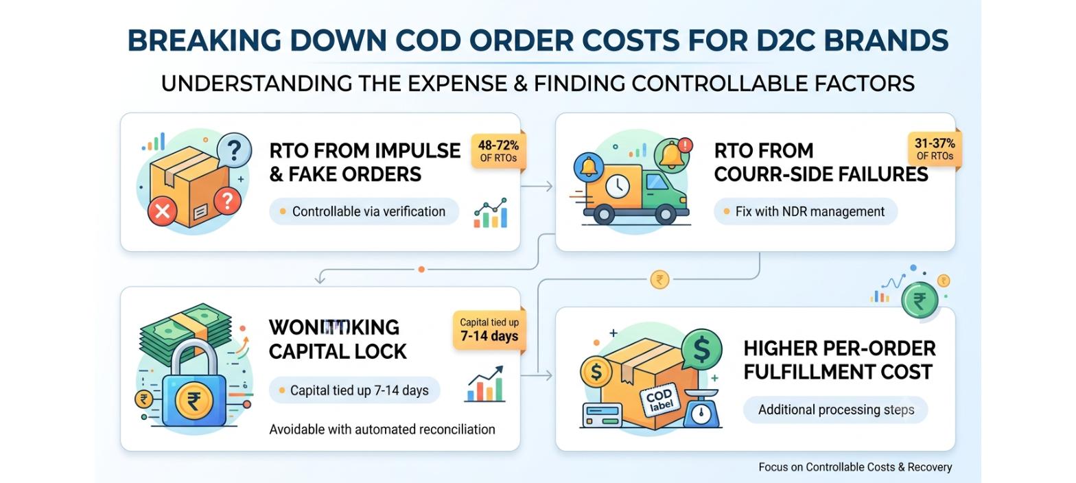 COD cost structure showing RTO from impulse orders, courier delivery failures, working capital lock, remittance discrepancies, and higher fulfillment costs