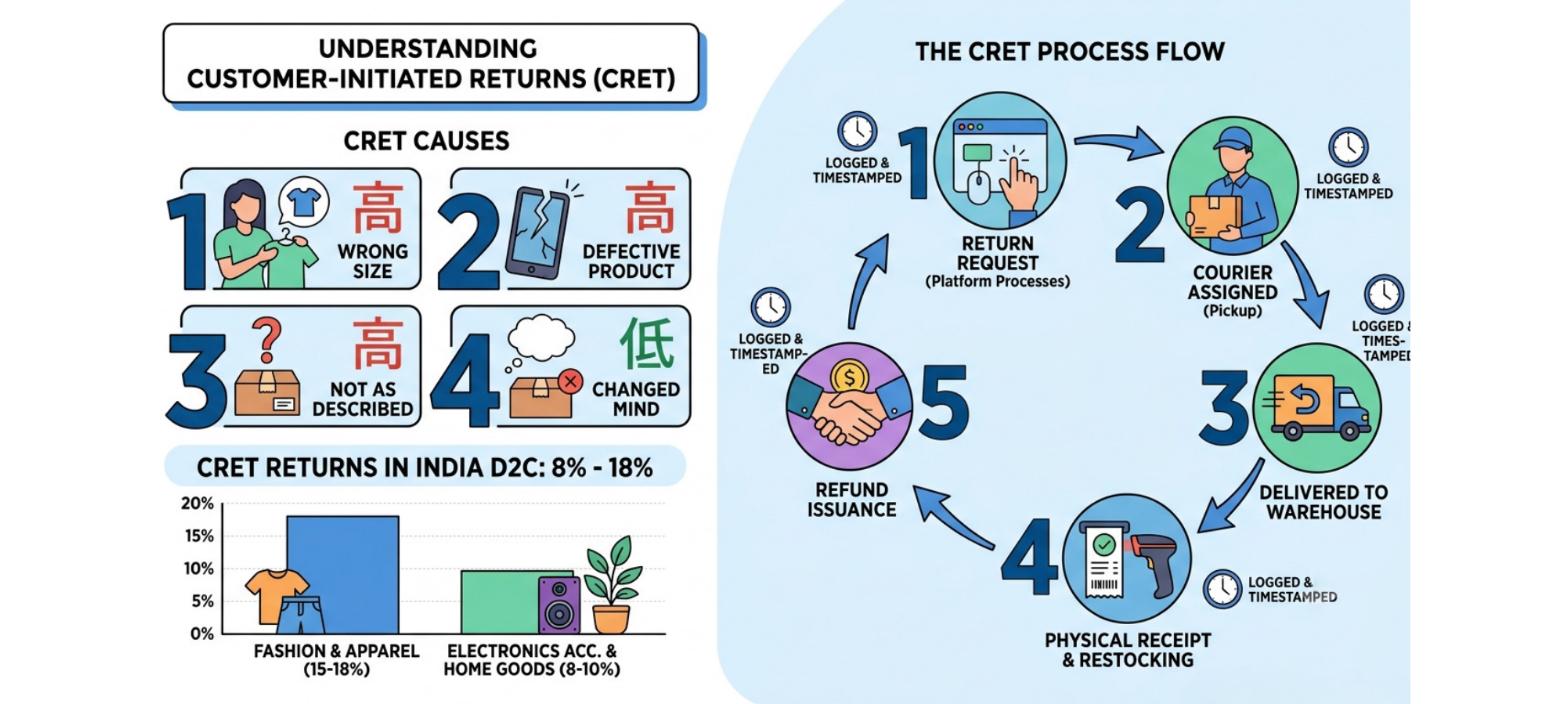 CRET customer-initiated returns process showing return reasons, courier collection, warehouse receipt, inspection, and refund