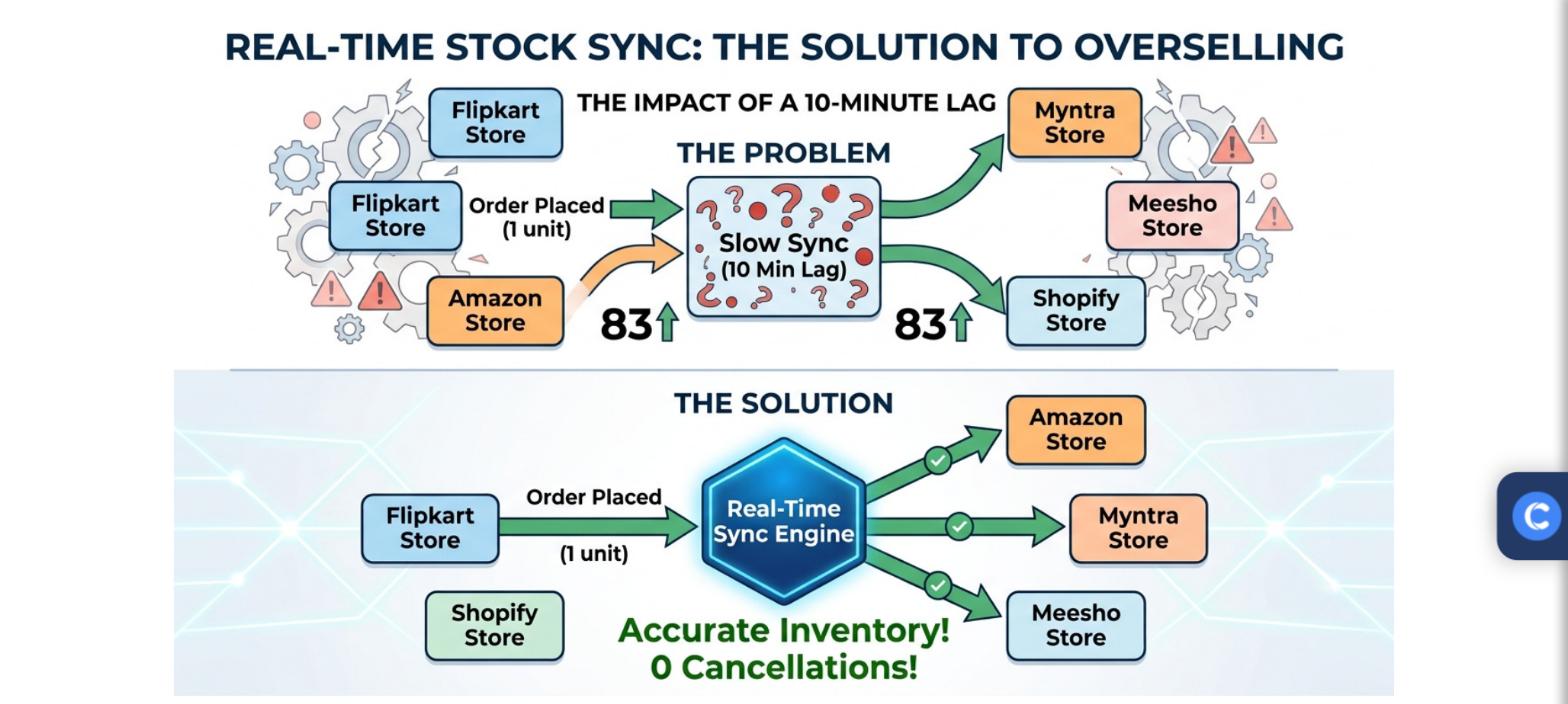 Diagram comparing slow stock sync causing overselling with a real-time sync engine across Flipkart, Amazon, Myntra, Meesho, and Shopify