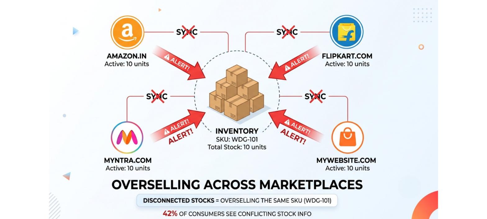 Overselling across multiple marketplaces showing unsynchronized inventory across Amazon, Flipkart, Myntra, and a D2C website