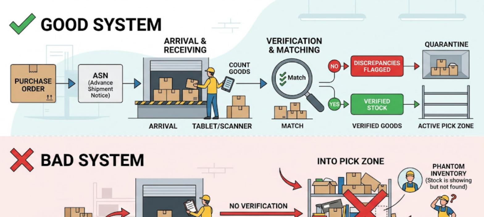 Inventory management and warehouse management comparison showing differences in stock visibility, physical movement, picking, labor, and dispatch scheduling