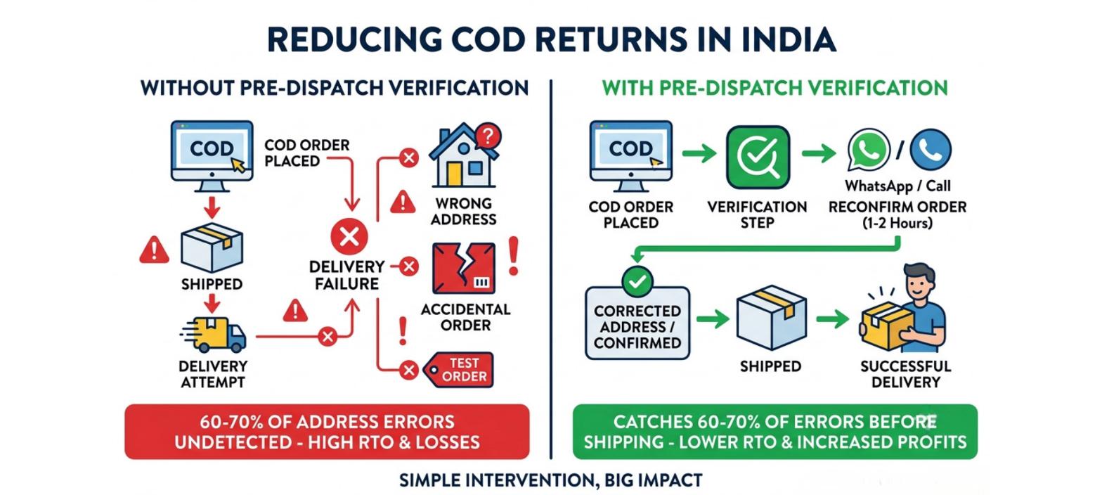 COD verification workflow comparing orders without pre-dispatch verification against verified orders before picking and shipping